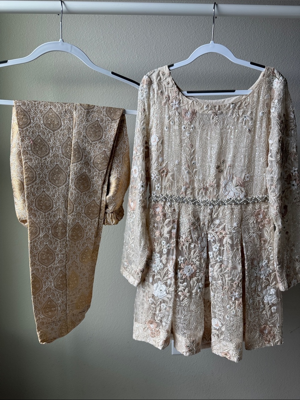 Pakistani / Indian Embroidered Beige Floral dress with Beaded Waist